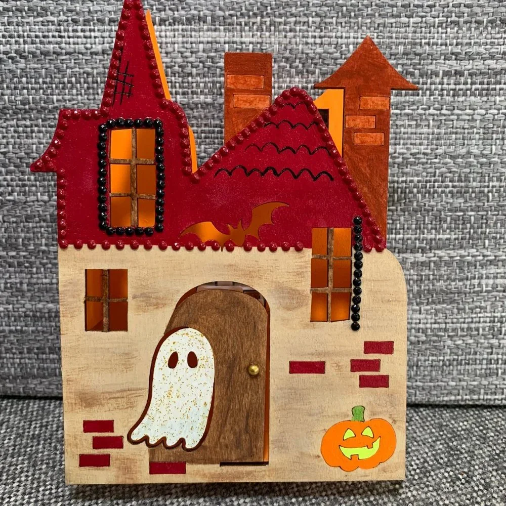 ⭐️Hand Painted Wooden Haunted House Night Light